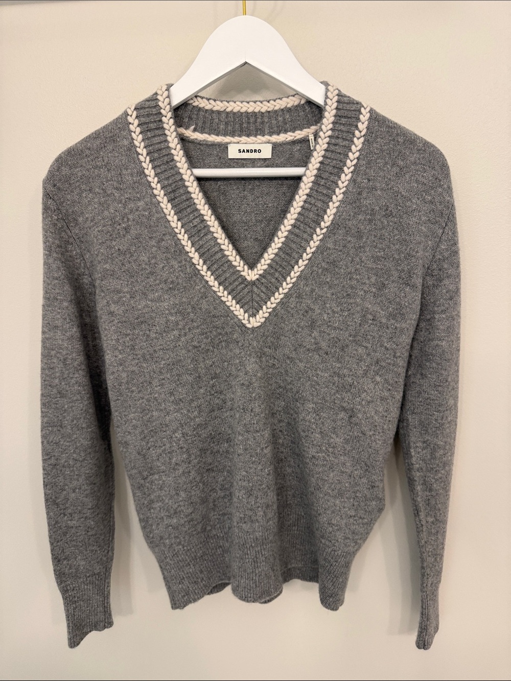 Sandro Gray V-Neck Sweater with Cream Braided Trim